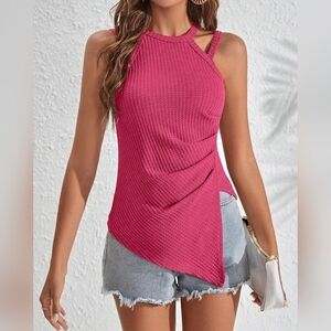 Women's Cut Out Ruched Asymmetrical Hem Halter Tank Top, Hot Pink, XL